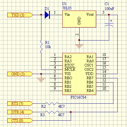 Programming PIC processor 16F84. Programmer circuit