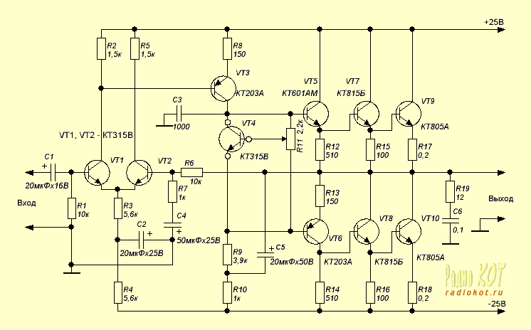 Простой усилитель мощности на транзисторах КТ805 (20 ватт). Схема усилителя