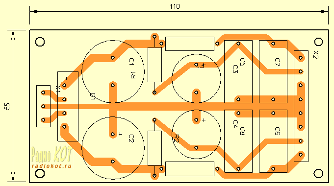 Запуск УНЧ по пунктам. Рисунок печатной платы защитного выпрямителя
