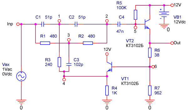 Высокодобротный режекторный фильтр на транзисторах