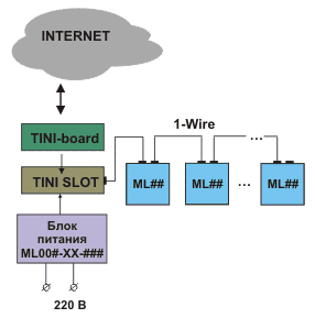 Организация 1-Wire-систем. Система, реализованная на базе локальной однопроводной ветви и TINI-board