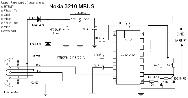 Схема, распиновка (распайка) кабеля Nokia 3210 (MBUS)