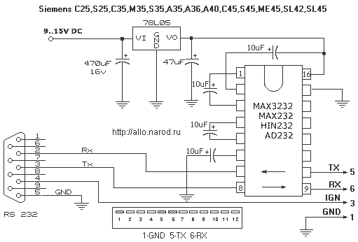 Схема, распиновка (распайка) кабеля Siemens C25 - SL45