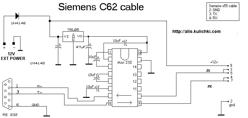 Схема, распиновка (распайка) кабеля Siemens C62