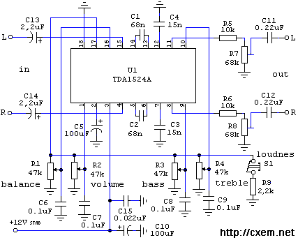 Регулятор громкости, баланса и тембра на микросхеме TDA1524A. Схема